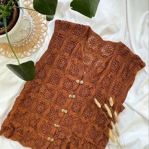 vintage, crochet bohemian knit vest with gold buttons